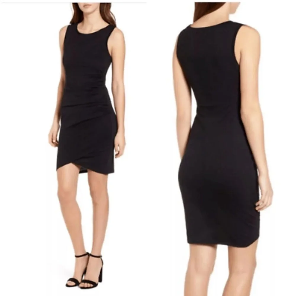 Leith Ruched Bodycon Tank Dress Black Sleeveless Tulip Hem XS Little Black Dress - Picture 3 of 16